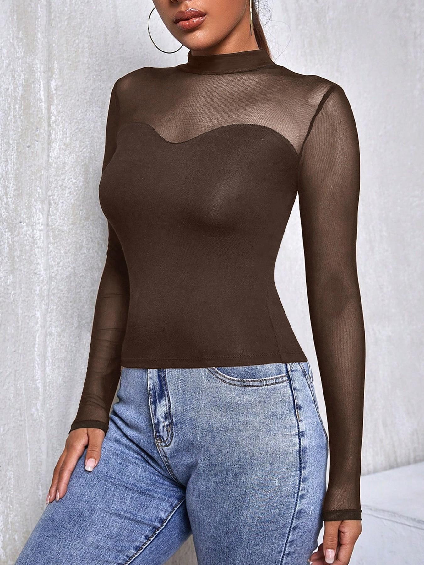 1 Piece See-Through Mock Neck Top - Women’s Sheer Mesh Long Sleeve Blouse | Y2K Trendy Slim Fit Feminine Shirt for Party & Daily Layering