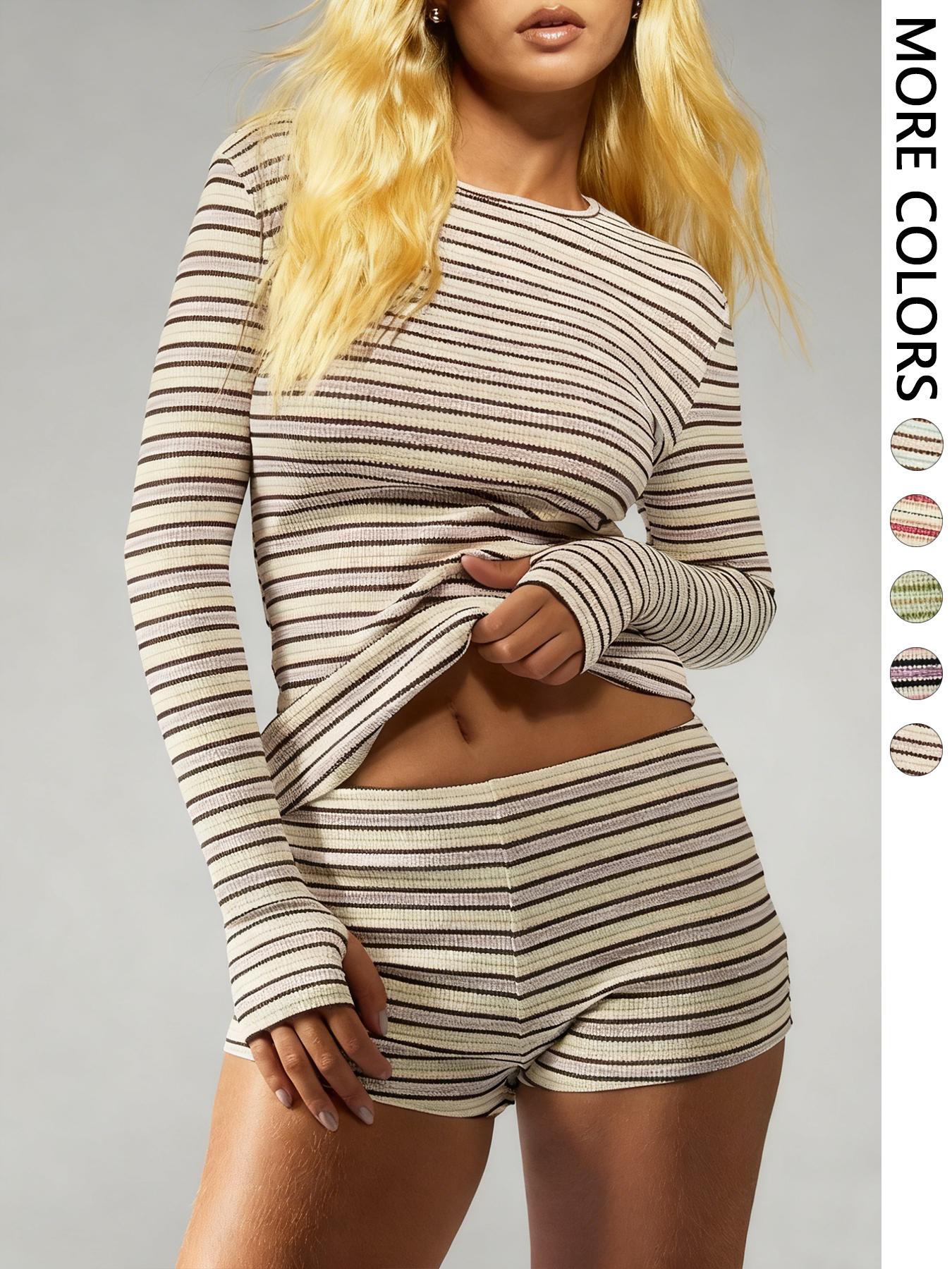Women's Striped Knit Casual Long Sleeve Top & High Waist Elastic Sporty Shorts Set, Spring Fashion, Comfortable Fit, Sporty Style Clothes