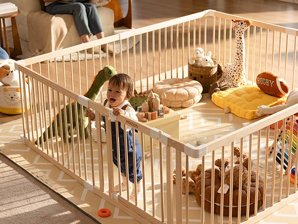 HARPPA Wooden Baby Gate Playpen | Adjustable Play Yard for Infants & Toddlers, Natural Finish Baby Fence, Non-Toxic Pinewood, Foldable DIY Shapes,Baby Items