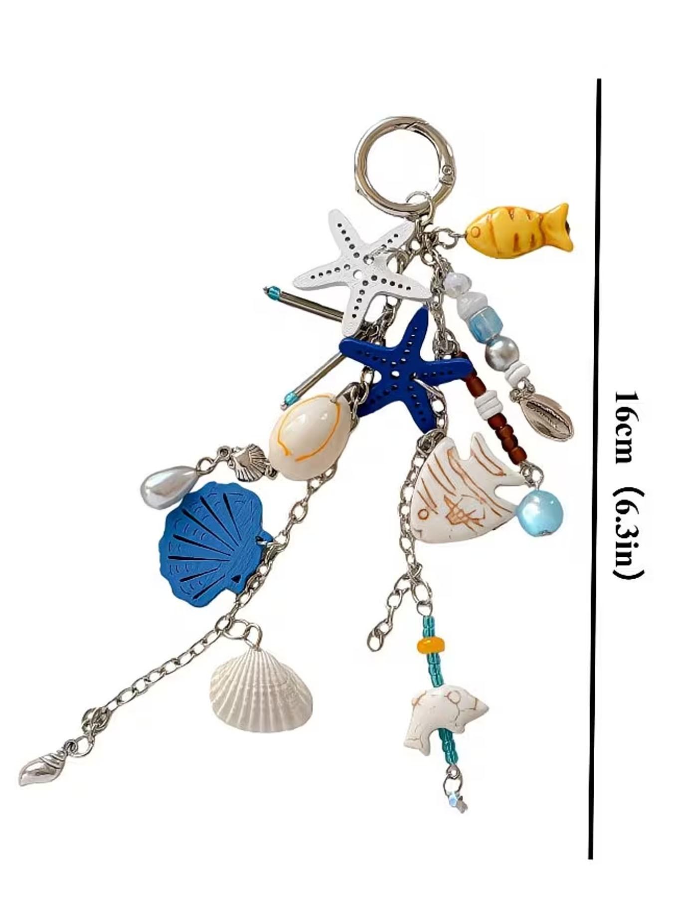 1pc New Starfish Keychain, Ocean Style Multi-Charm Keychain, Starfish Shell Fish-Shaped Beaded Combination, Full of Atmosphere, Versatile And Practical, Niche High-End Vacation Style Bag Charm, Ocean Series Ornaments