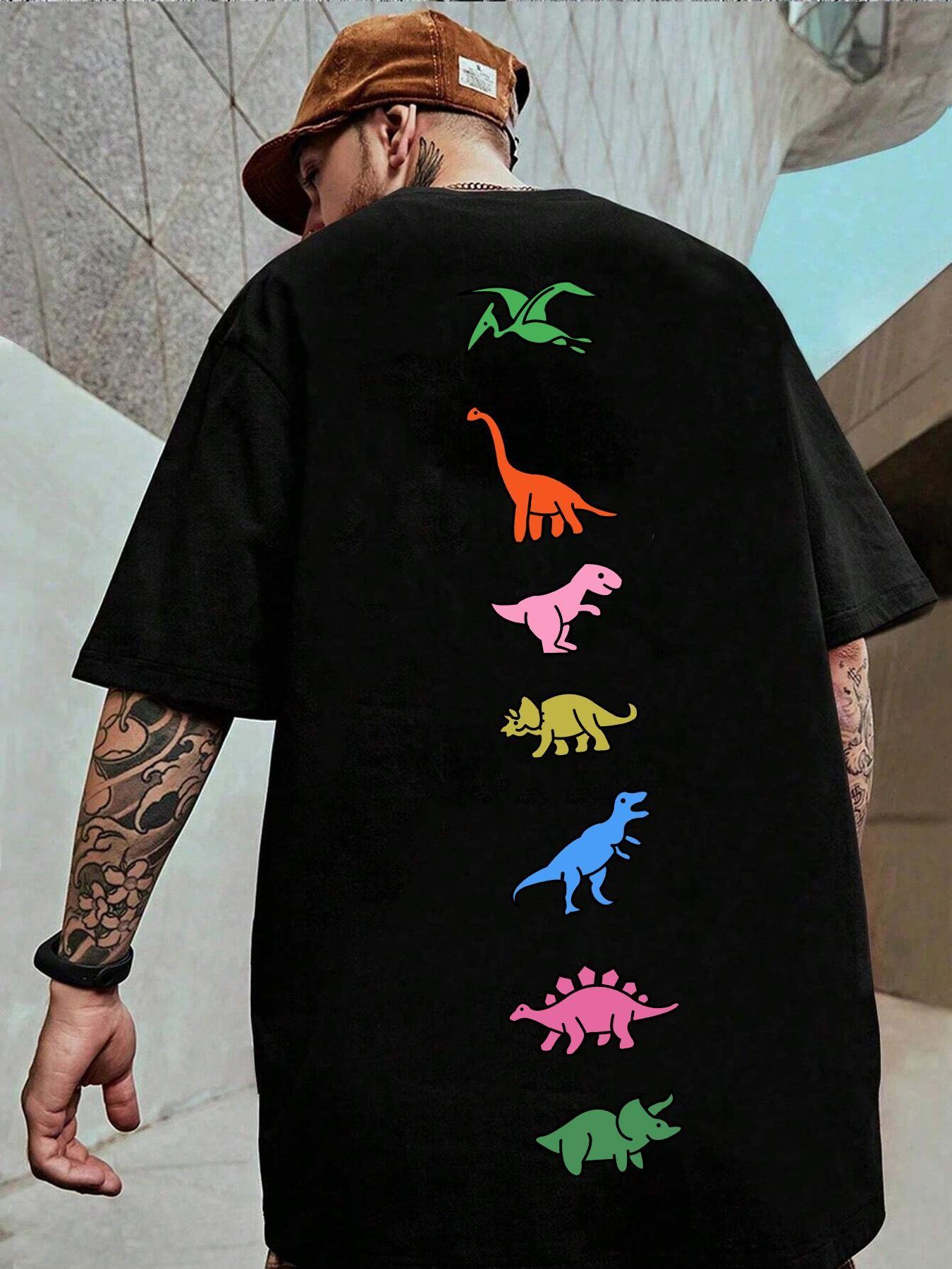 Dinosaur Cartoon Print T-Shirt, Casual Street Style, Unisex, All Seasons, Home & Outdoors, Five Sizes Available