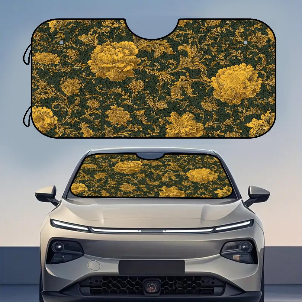 1pc, Golden Floral Elegance Pattern Car Windshield Sunshade, Compact Folding Sun Visor for Front Windshield, Ensures Comfort During Long Drives and Weekend Parking