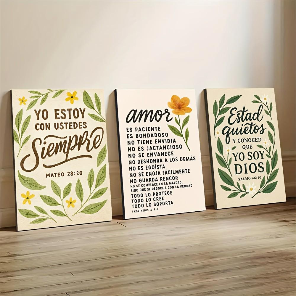 3pcs Religious Canvas Wall Art, Spanish Bible Text, Floral Elements, Wooden Frame, Home Office Church Decor, Jesus Theme Gift