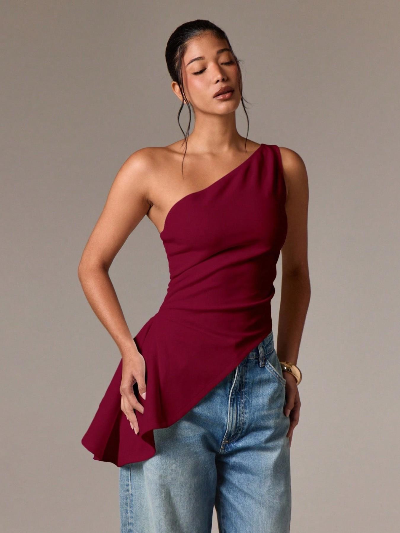 2026 New Irregular Backless Slim Fit Solid Color Top, Asymmetrical Shoulder Versatile Slimming Sleeveless T-Shirt, Fashionable Women's Clothing