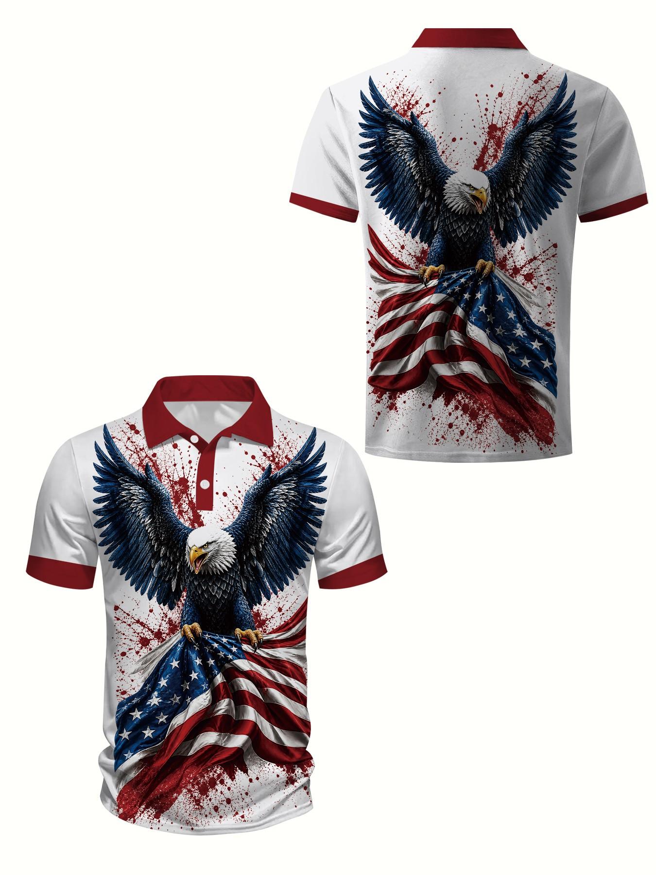 bald eagle and star-spangled banner printed, Graphic Polo Shirts, Loose Polo shirt, celebrating the 250th anniversary of the founding of America, 3D digital printed Polo top, sports men's Polo shirt, suitable for daily wear and an ideal festive gift