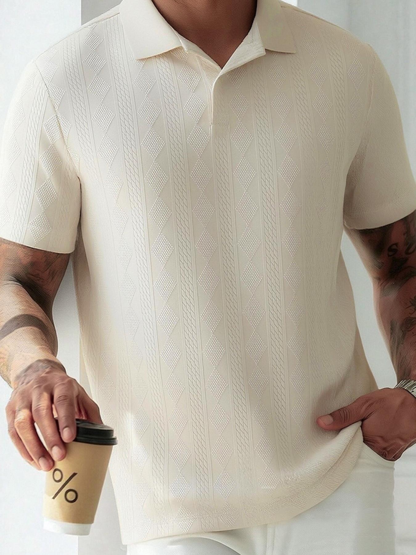 Men's Solid Jacquard Knit Polo Shirt, Regular Fit Casual Short Sleeve Collared Top for Summer, National Day Clothing, Fashion Menswear Men's Clothes for Daily Wear Men's Solid Jacquard Knit Polo Shirt, Regular Fit Casual Short Sleeve Collared Top for Summer, National Day Clothing, Fashion Menswear Men's Clothes for Daily Wear