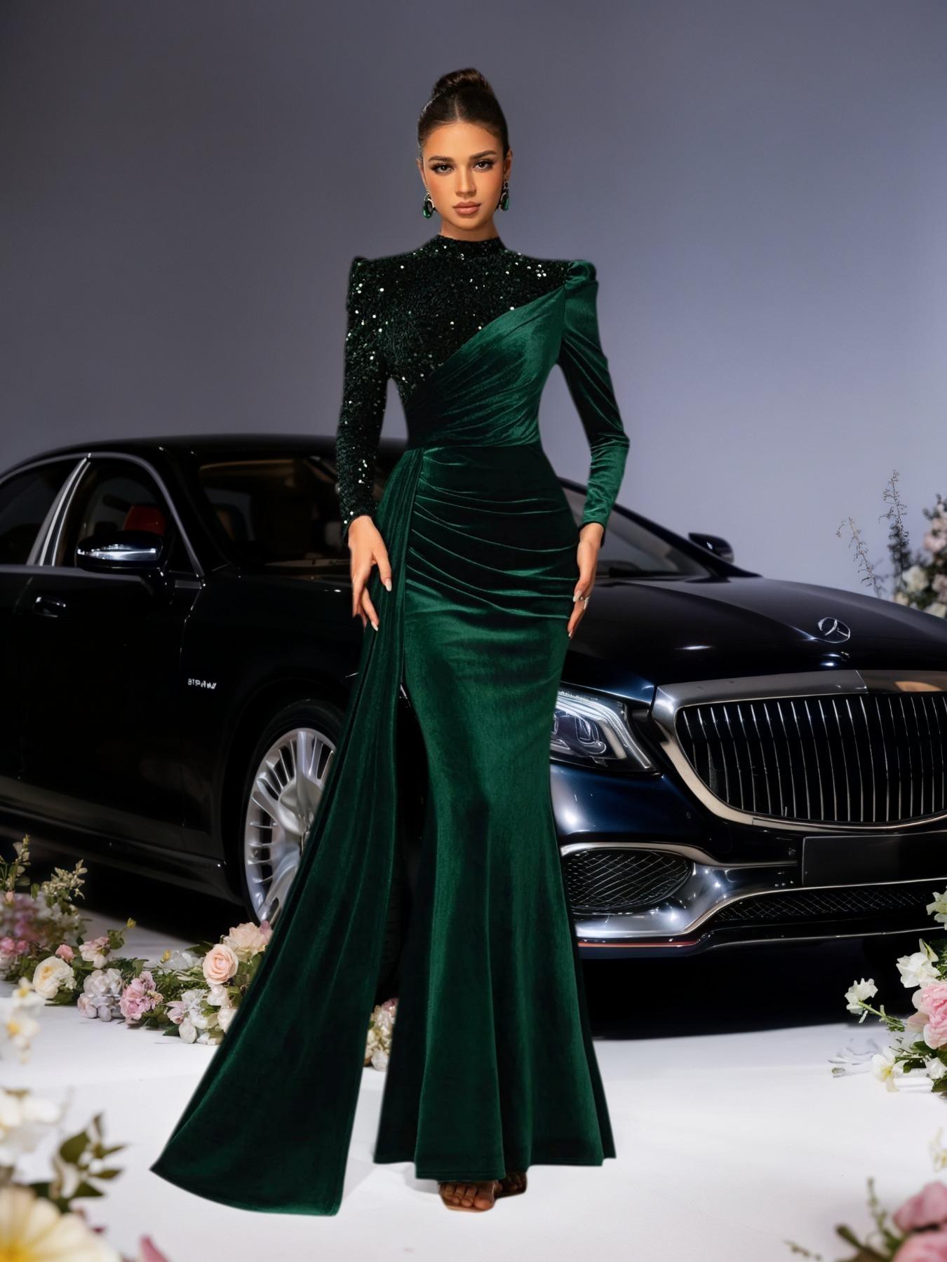 Elegant Velvet Mermaid Tail Long Dress, Sequined Embroidery, Luxury Evening Gown for Celebrations, Weddings & Cannes Parties