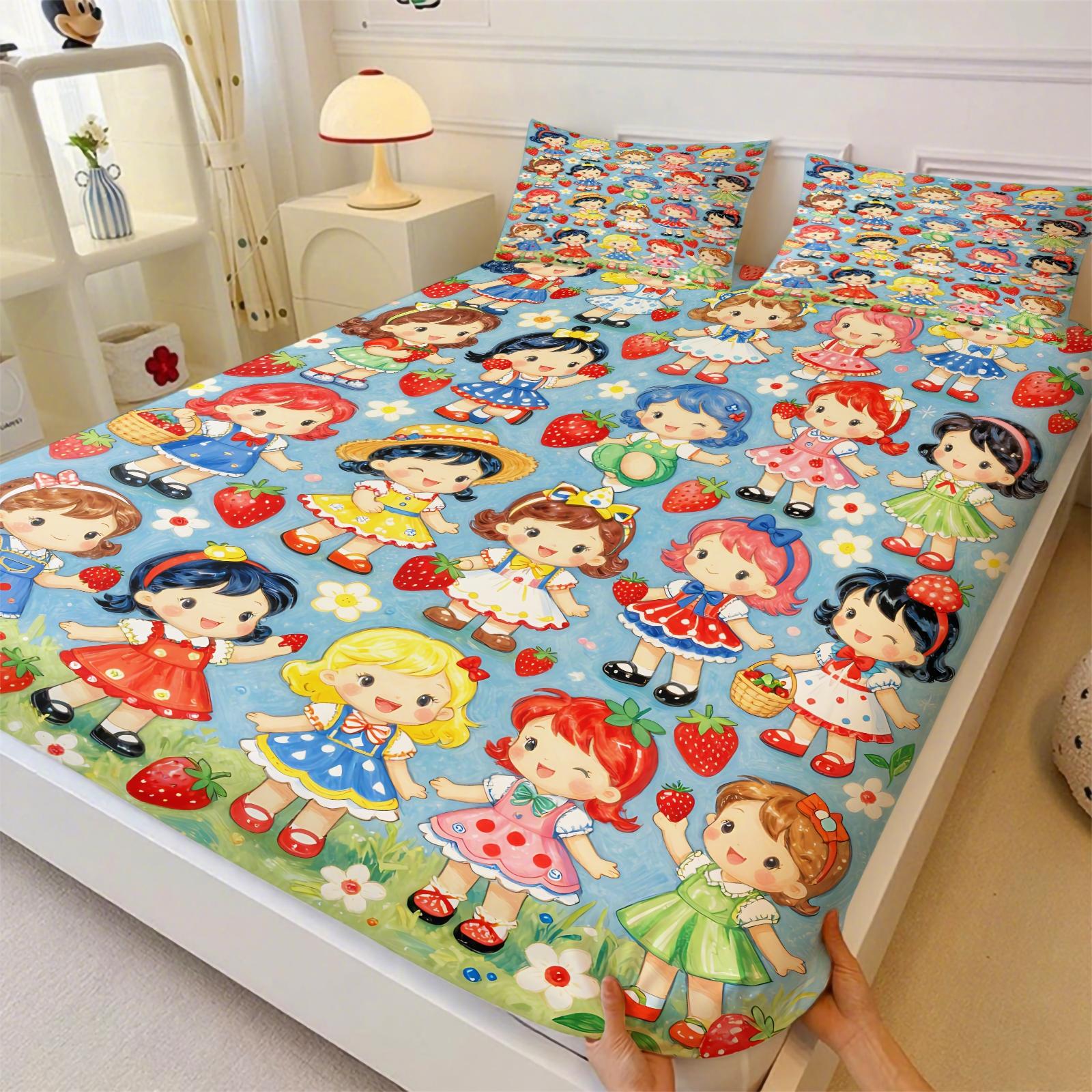 Strawberry Sweetheart Fitted Sheet Set and 2 Pillowcases No Core, Bright Colors, Watercolor Style Characters Collection, Soft Anti-Slip Wrinkle-Resistant, Fairy-Tale Girls Room, Kids Room Decor, Gift Idea