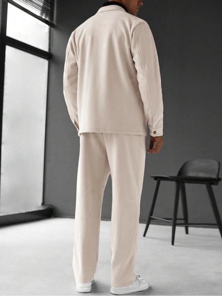 Men's Solid Color Pocket Jacket and Belt Waist Pants Sport Suit Regular Version Mature Business Style, Long Sleeve Jacket Collar Coat and Pocket Long Pants, Men's and Winter Sportswear, Sport Leisure Suit Casual Sportswear, Casual Outfit Set, Menswear