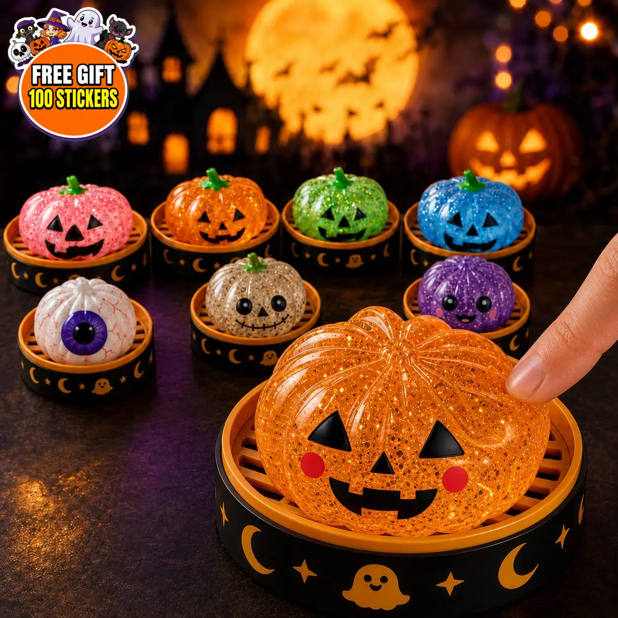 Trick-or-Treat Steamer Dumpling Squishies, Halloween Glitter Squeeze Toys with Pumpkin, Gold Skull, Eyeball & Vampire Characters, Slow-Rise Sensory Fidget Fun, Mini Box Gift Party Favors, Boo Basket Fillers, Candy Bag Prizes, No Setup Needed