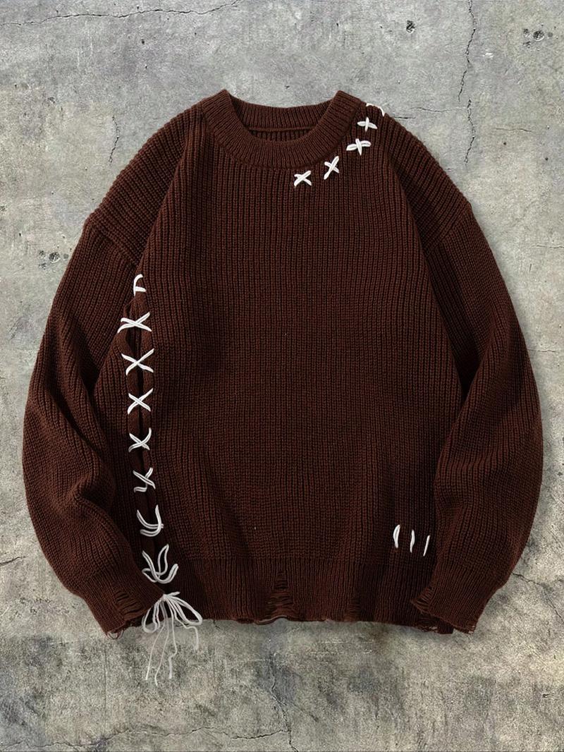 Men's Ripped Lace Up Drop Shoulder Sweater, Loose Street Fashion Long Sleeve Round Neck Jumper for Spring & Fall, Fashion Men's Knitwear for Daily Wear