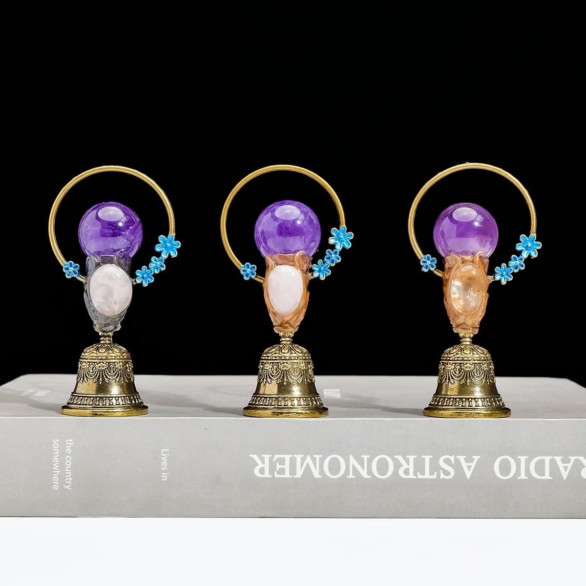 Natural Crystal Ball Brass Hand Bell, Copper Feng Shui Healing Bell, Home Decoration, Christmas Bell Gifts & Souvenir, 1pc