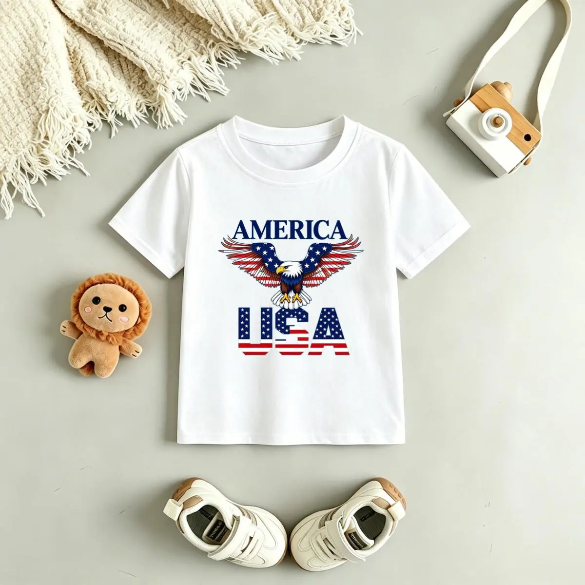 100% Cotton Toddler Boy Patriotic Eagle Graphic T-Shirt for 4th of July, Relaxed