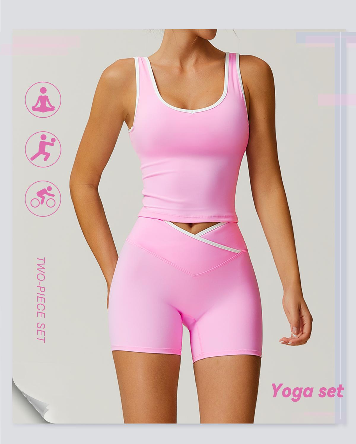 2 piece set women's patchwork high elasticity soft U-neck wide shoulder strap vest cross waist shorts yoga suit set for all seasons running, cycling, hiking, walking fashion set gym sports training Workout Running Clothes versatile vest shorts