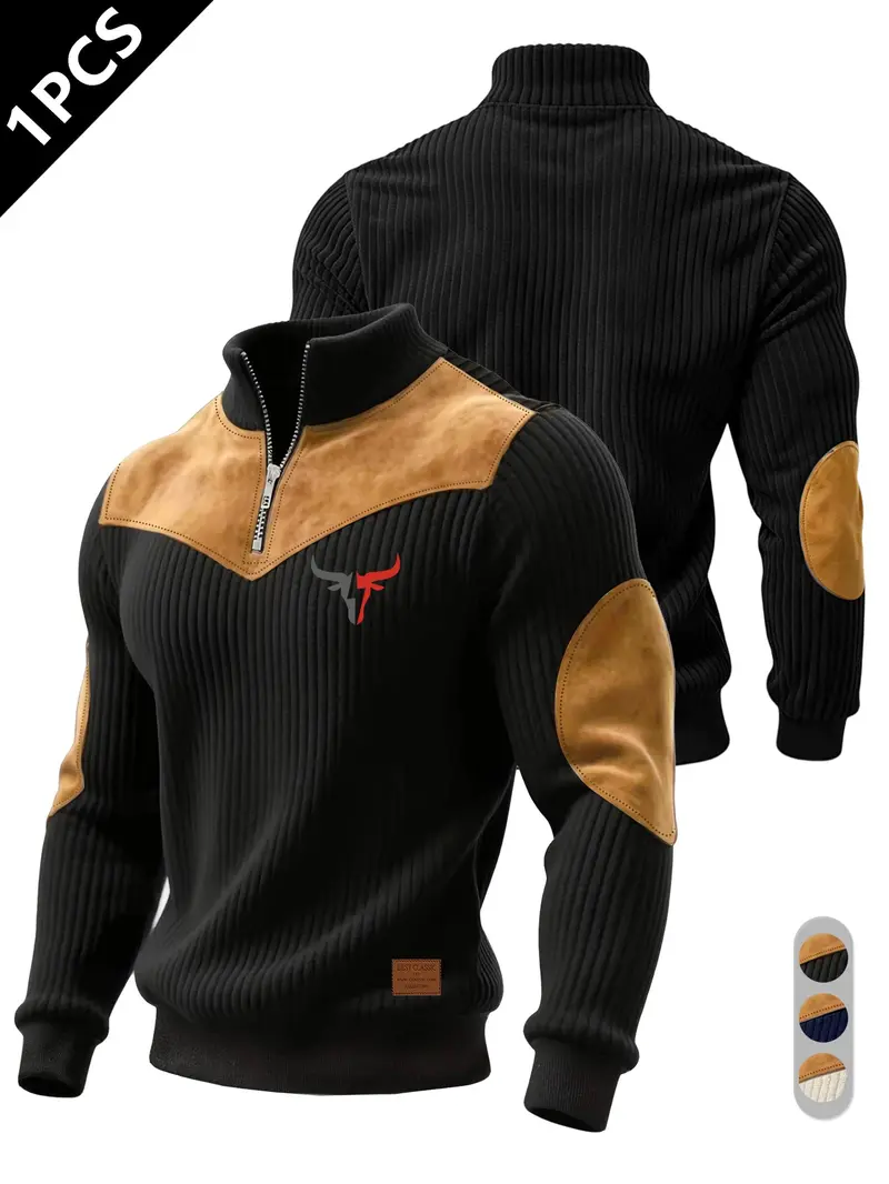 Men's Half-Zip Stand Collar Knit Top, Suede Texture Shoulder Patches, Bull Head Print, Slim Fit, Retro American Style, Casual Wear, Knitwear Men's Half-Zip Stand Collar Knit Top, Suede Texture Shoulder Patches, Bull Head Print, Slim Fit, Retro American Style, Casual Wear, Knitwear