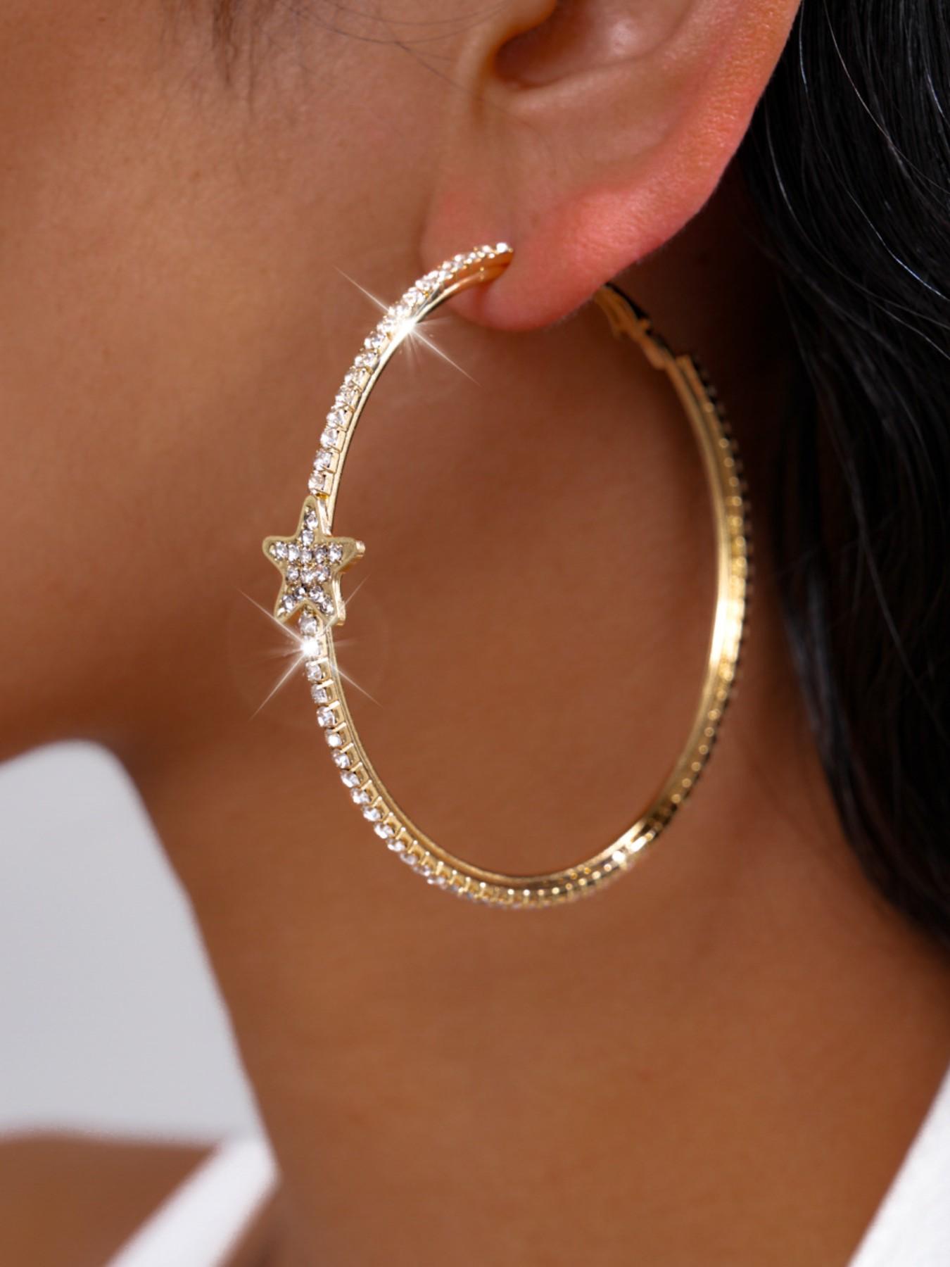 Silver Color Rhinestone Star Round Earrings for Women, Fashion Jewelry, Perfect Gift for Her, Elegant and Stylish Accessories