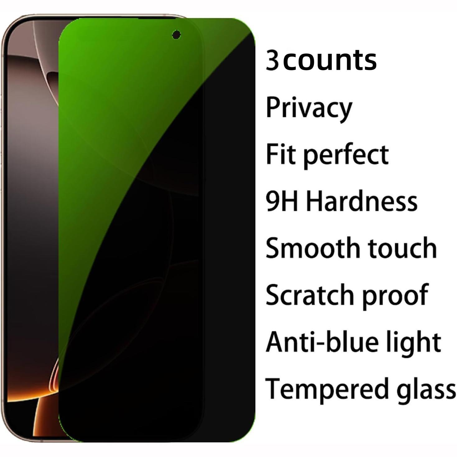 Tempered Glass Phone Screen Protector, 3 Counts Anti-spy Phone Screen Protective Film, Phone Accessories Compatible with iPhone 15 14 13 12 Smartphone