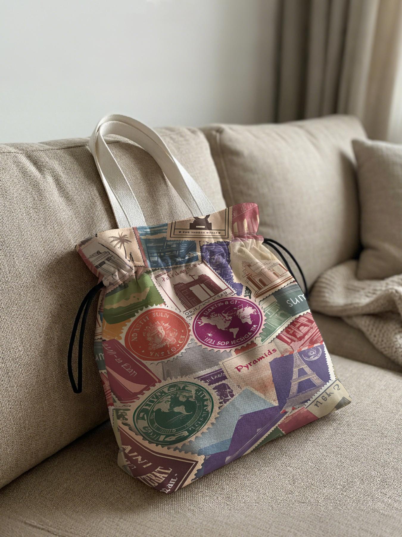 Stamp Pattern 2D Printed Drawstring Tote Bag, Large Capacity Shopping Bag, Commuter Tote Bag, Durable and Wear-Resistant, Random Print, All Seasons