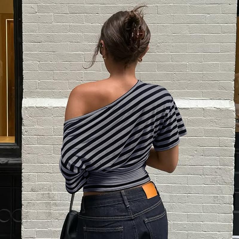 Women Summer Fashion Short Sleeve Asymmetrical One Shoulder Striped Asymmetric Hem T Shirt Tops Tee Casual Daily Tops