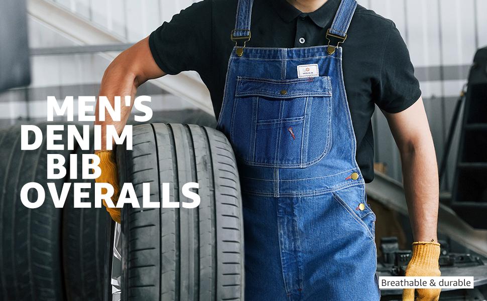 HISEA Men's Vintage Denim Bib Overalls - Retro Classic Workwear with Adjustable Straps & Multi-Tool Pockets for Farming, Construction & Industrial Work