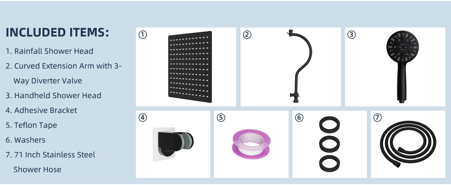 Hibbent 12'' All Metal Shower Head, High Pressure Rainfall Shower Head/Handheld Showerhead Combo/ 12'' Adjustable Curved Shower Extension Arm, 7-Spray, 71'' Hose, Showerhead Holder, Matte Black showerhead combo