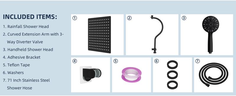 Hibbent 12'' All Metal Shower Head, High Pressure Rainfall Shower Head/Handheld Showerhead Combo/ 12'' Adjustable Curved Shower Extension Arm, 7-Spray, 71'' Hose, Showerhead Holder, Matte Black showerhead combo