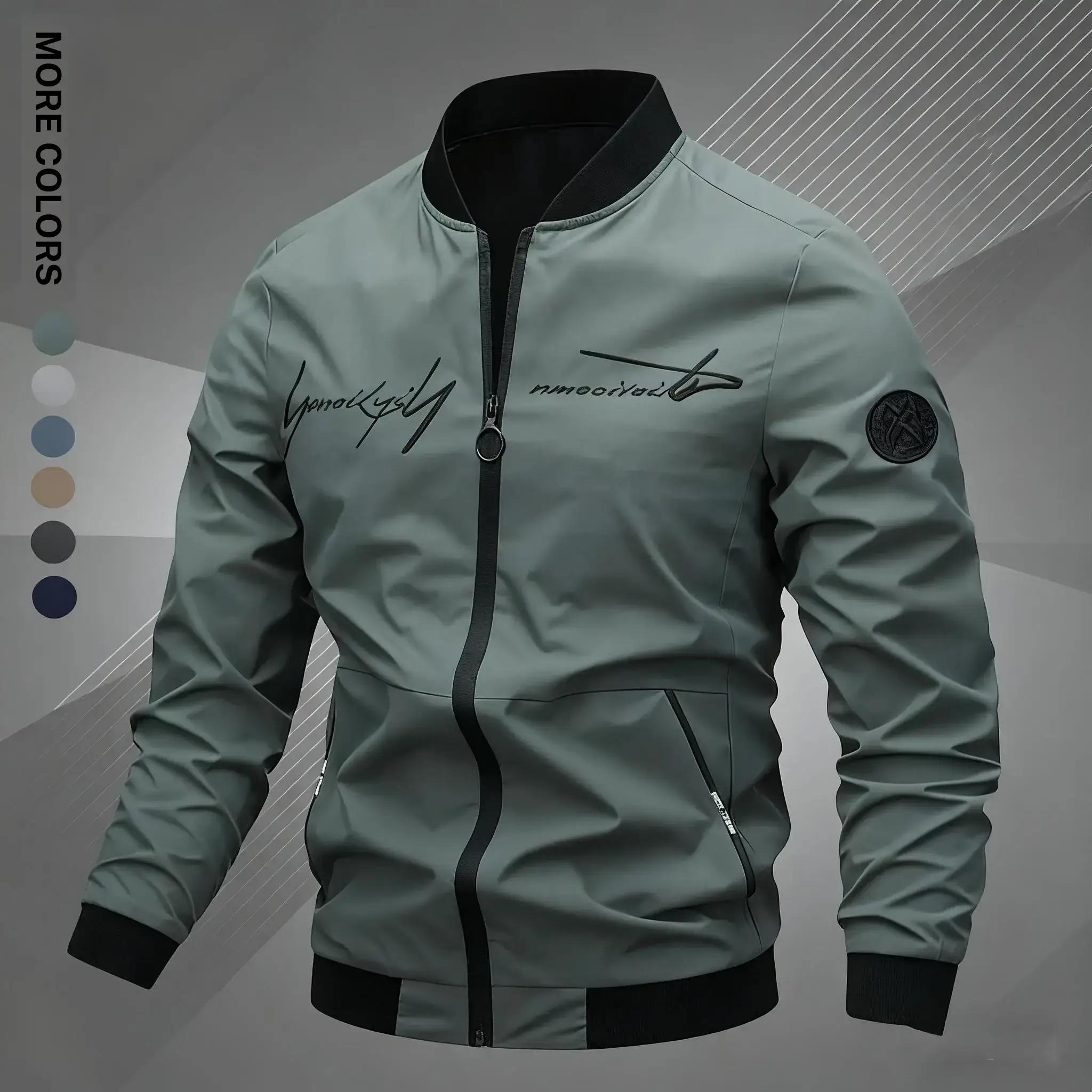 Men's Regular Fit Letter Embroidered Zip Up Pilot Jacket, Autumn Winter Casual Long Sleeve Windproof Baseball Collar Coat, Men's Everyday Wear, Men's Jacket, Black Casual Outdoor Jacket, Suitable for Work, Travel, and Daily Use Machine Washable Polyeste