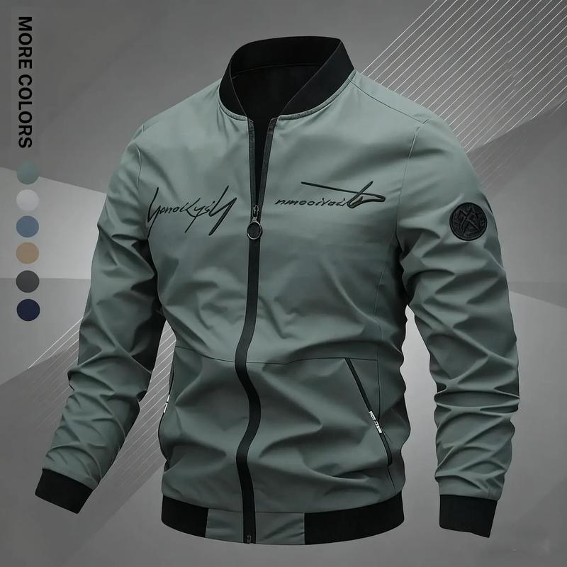Men's Regular Fit Letter Embroidered Zip Up Pilot Jacket, Autumn Winter Casual Long Sleeve Windproof Baseball Collar Coat, Men's Everyday Wear, Men's Jacket, Black Casual Outdoor Jacket, Suitable for Work, Travel, and Daily Use Machine Washable Polyeste