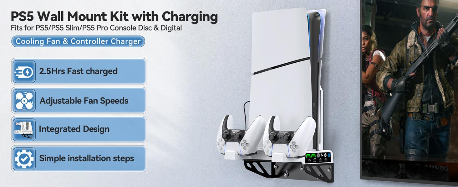 BASIC SUPPLY PS5/Slim/Pro Wall Mount Kit with Cooling Fan & Charging Station, Charging Dock, PS5 Shelf Floating Mount for All PlayStation 5/Slim/Pro Disc & Digital Console, PS5 Wall Bracket Behind TV, PS5 Pro Accessories
