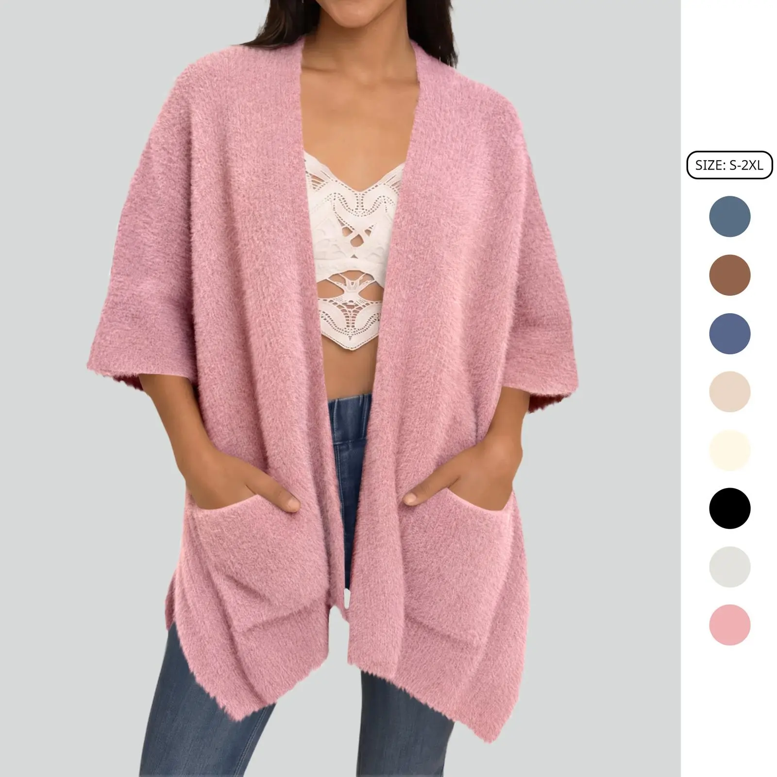 Imily Bela Women Cozy Plush Half Sleeve Knit Cardigan Oversized Casual Kimono Cover Up with Side Pockets Imily Bela Women Cozy Plush Half Sleeve Knit Cardigan Oversized Casual Kimono Cover Up with Side Pockets