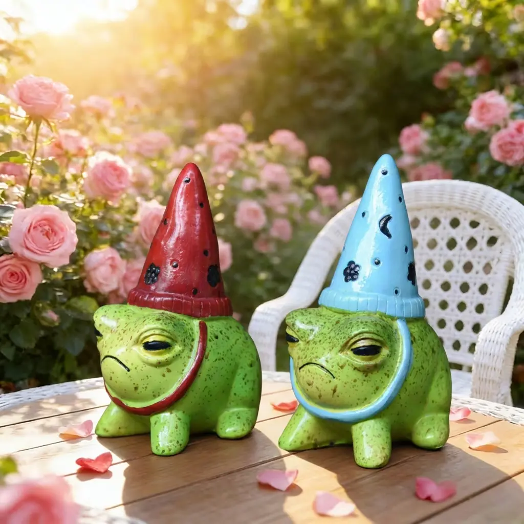 Resin frog figurine wearing a hat, miniature decoration for country garden or balcony, creative and cute animal figurine, suitable for succulent planters, country style garden accessory, Garden Gnome Statue