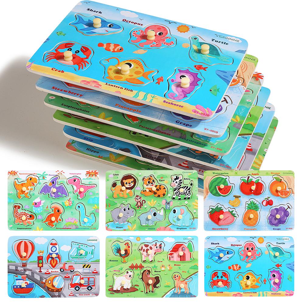 edutree Wooden Peg Puzzles for Toddlers 1 2 3 4, 6 Pack Educational Peg Puzzles Montessori Toys, Learning Puzzles for Kids Girs Boys with Alphabet Number Animal Vehicle Shape, Halloween gift