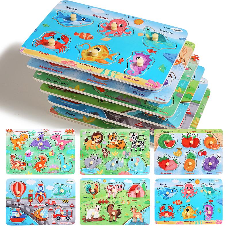 edutree Wooden Peg Puzzles for Toddlers 1 2 3 4, 6 Pack Educational Peg Puzzles Montessori Toys, Learning Puzzles for Kids Girs Boys with Alphabet Number Animal Vehicle Shape, Halloween gift