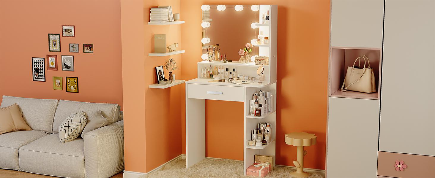 Makeup Vanity Desk with Mirror and Lights, 26.4”Small Vanity Mirror with Lights with Large Drawer and 6 Level Storage, White Vanity with Large Led Mirror with 3 Color Lighting Modes