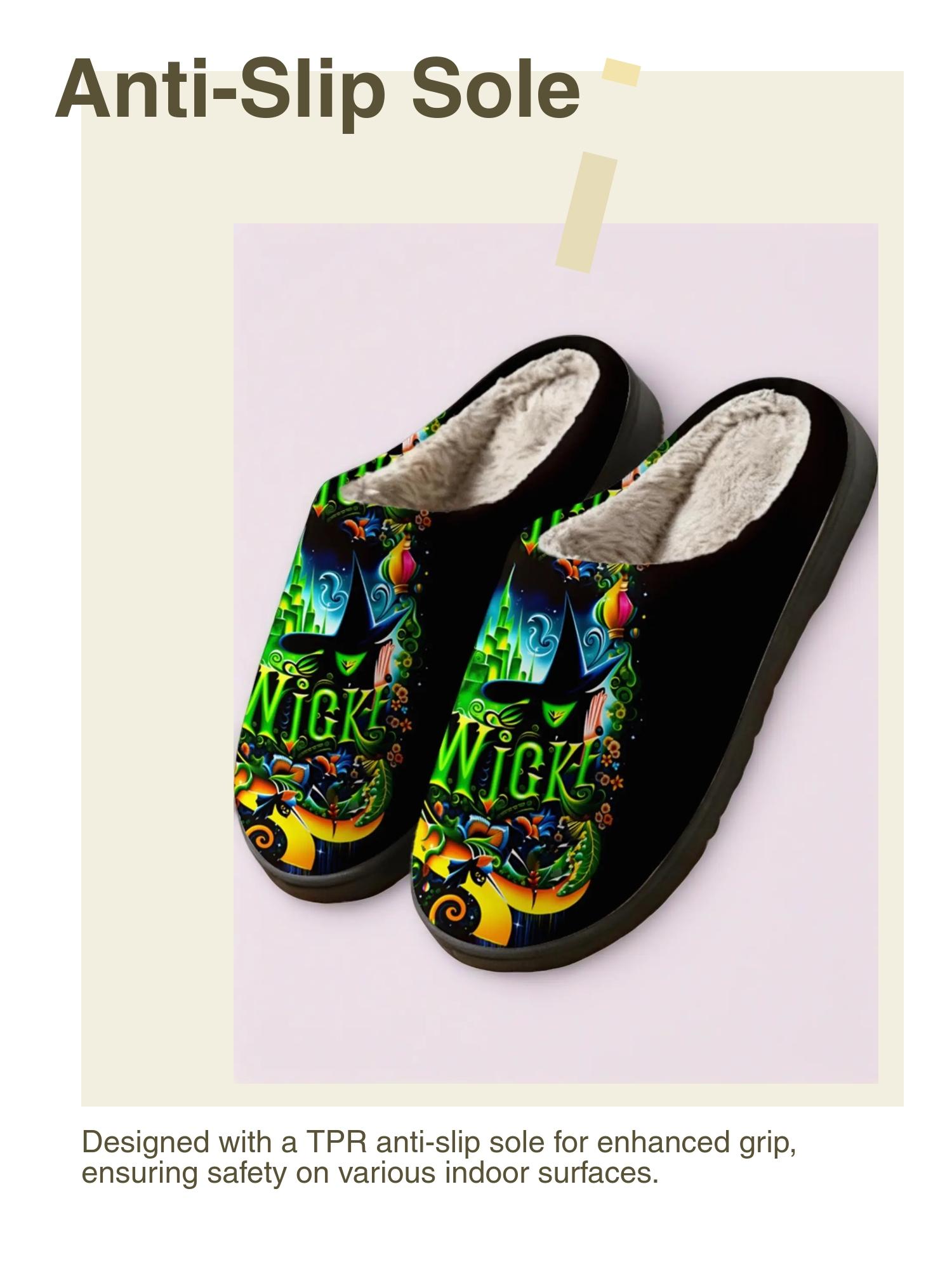 Halloween Graphic Plush Slippers 1 Pair | Dark Art Style | Warm Fleece Lined Anti-Slip Sole | Unisex Cozy Indoor Winter Wear