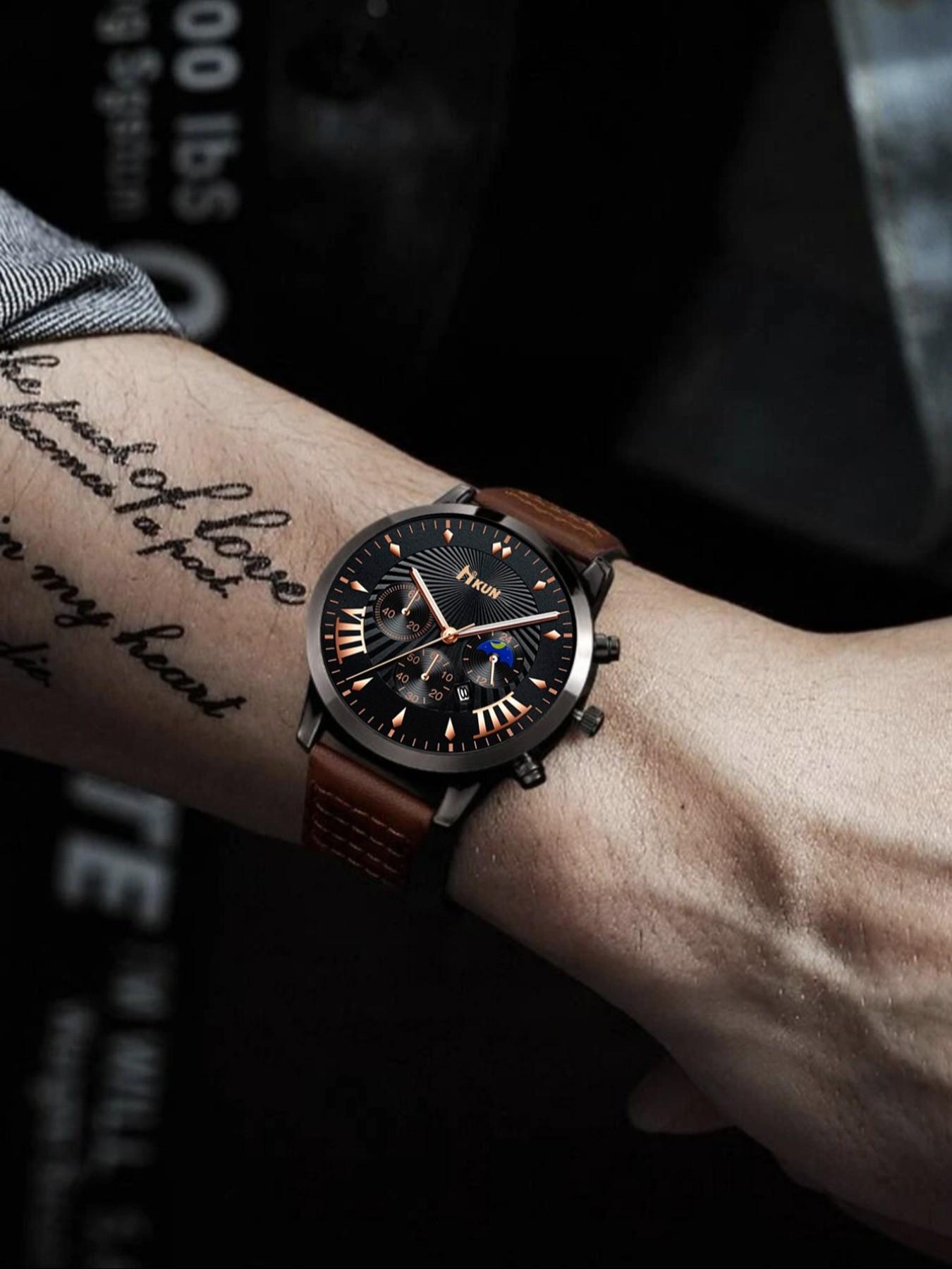 1pchkun Men's Multifunctional Fashion Watch, Vintage Roman Numerals, Moon Phase, Leather Face, Perfect Gift for Him
