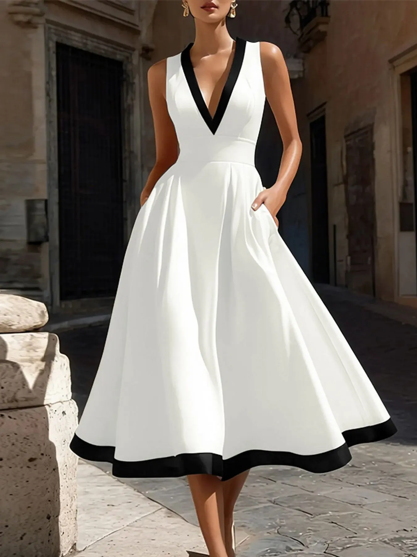 Women's Casual Dress, Chic, Everyday, V Neck Sleeveless, Colorblock Contrast Binding, Loose-Fitting A-Line, Semi-Transparent Fabric, Daily Wear
