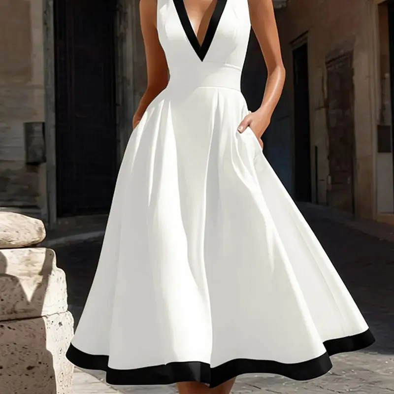 Women's Casual Dress, Casual Flowy, Chic, V Neck Sleeveless, Colorblock Contrast Binding, Loose-Fitting A-Line, Semi-Transparent Fabric, Daily Wear