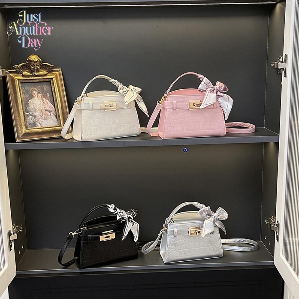 Pink Croc-Embossed Mini Kelly Style Handbag, Elegant French-Inspired Crossbody Bag with Twilly Scarf, Compact & Chic Satchel for Daily Commute