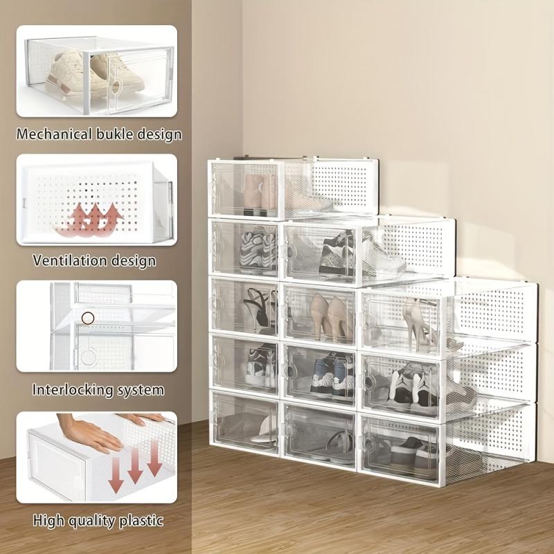 6-Pack thickened transparent shoe box (with lid), foldable stackable shoe rack, space-saving storage organizer, Clear shoe organizer, suitable for homes and dormitories