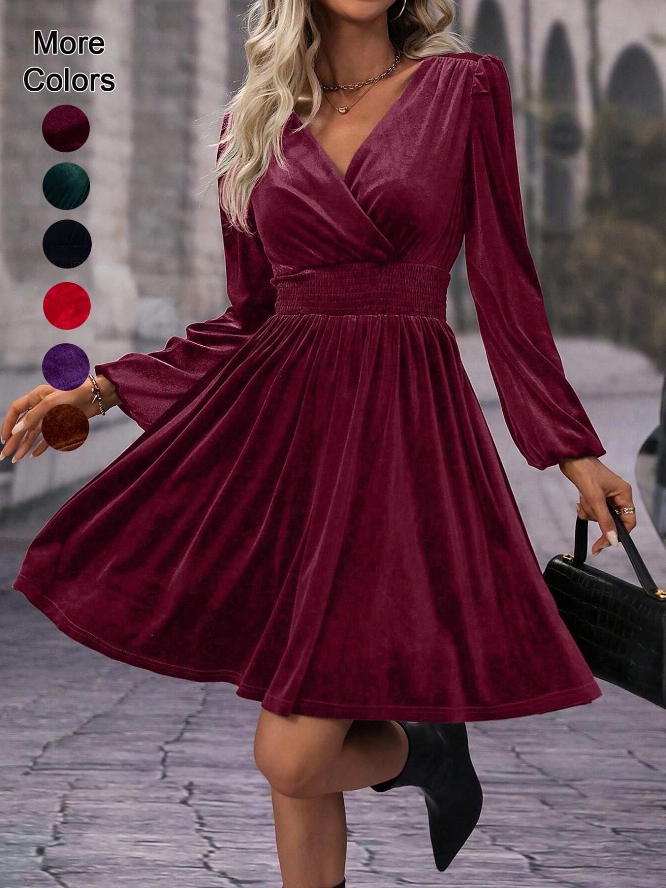 Women's Velvet Satin Dress, Waist Cinched Lantern Sleeves, Slimming Design, Party Wear, High-End Feel, Spring & Fall Fashion