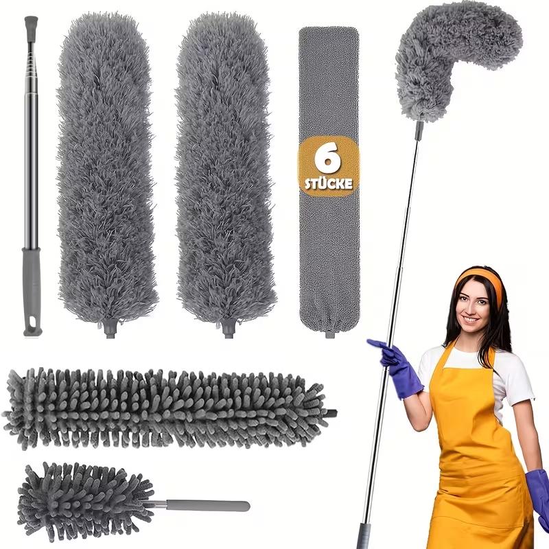 Extra-Long 111" Retractable Microfiber Duster with Stainless Steel Extension Pole - Ideal for High Ceiling Fans & Car Cleaning, Gray, Dusters for Cleaning