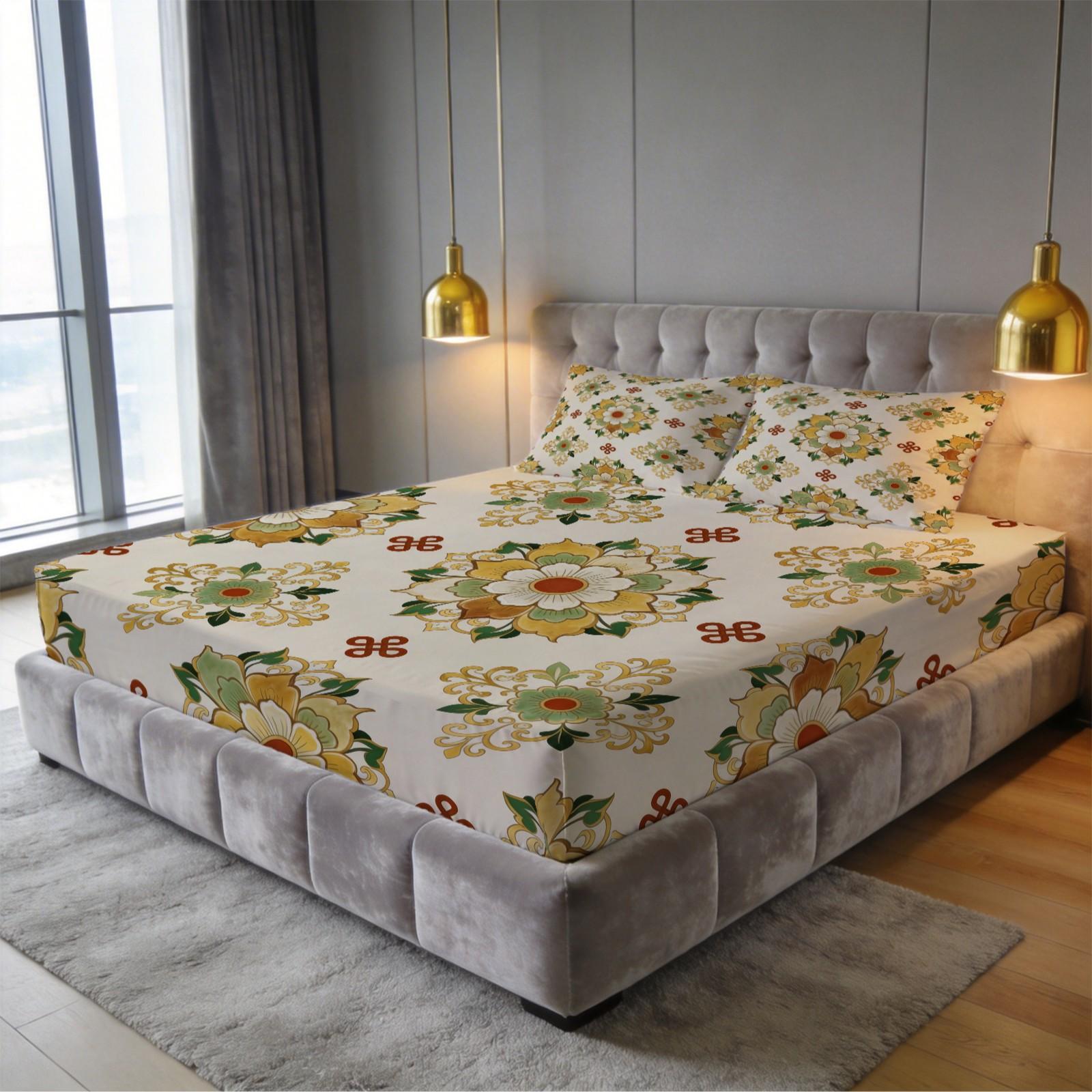 3 Piece Vintage Floral Mandala Fitted Sheet Set, HD Digital Printed Bed Sheet Set, Deep Pocket Soft Bedding Set (Pillowcases No Inserts) for Bedroom Decor