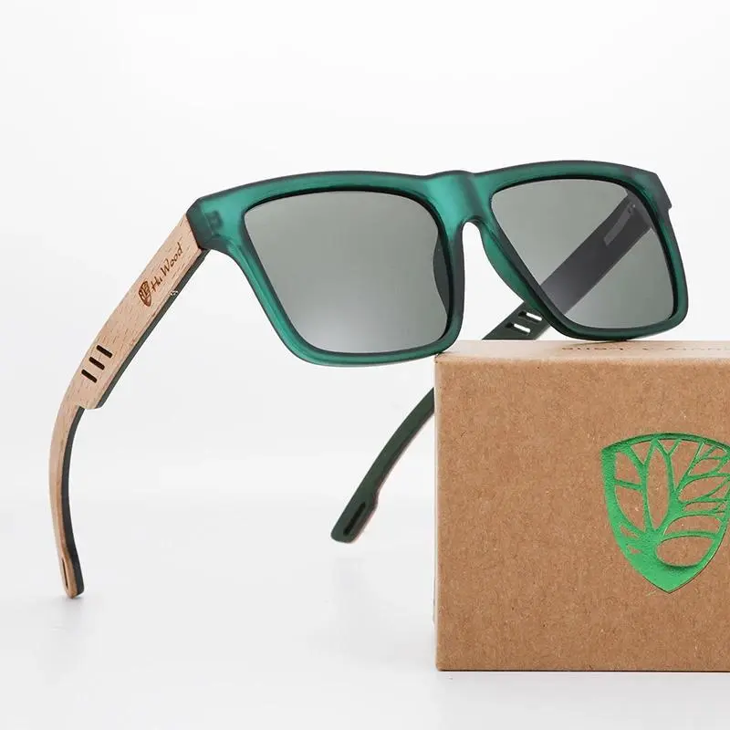 HU WOOD Unisex Square Sunglasses with Polarized Lenses, Single Pair Wooden Frames for Driving Use, Square Shape