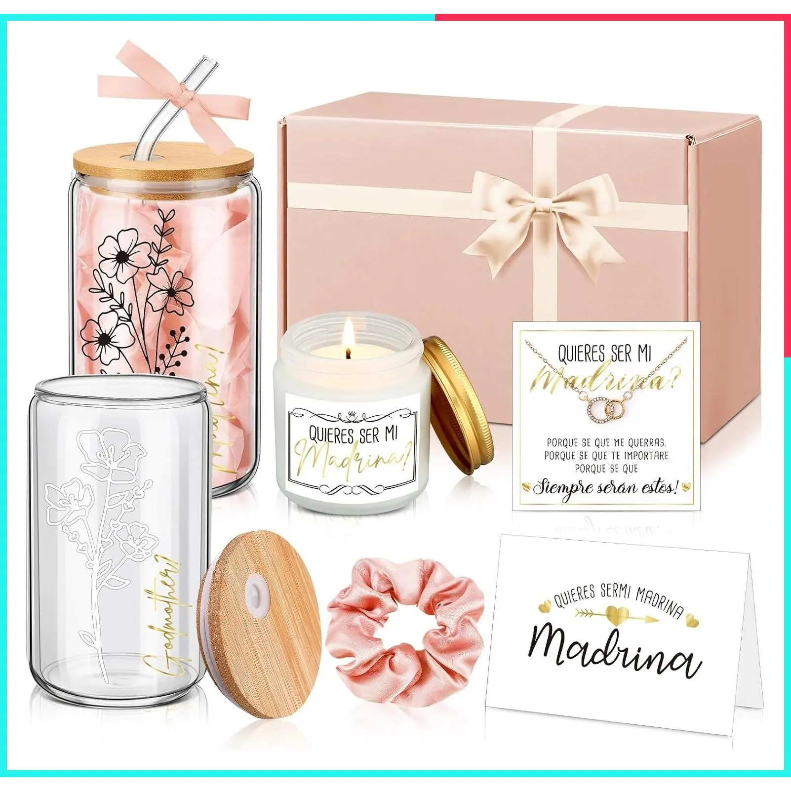 6 Pcs Godmother Proposal Gift Set, 16oz Spanish Pink Tumbler with Bamboo Lid, Baptism Keepsake with Candle, Jewelry Card, Hair Tie, Ideal Asking Present for Christening Mother's Day