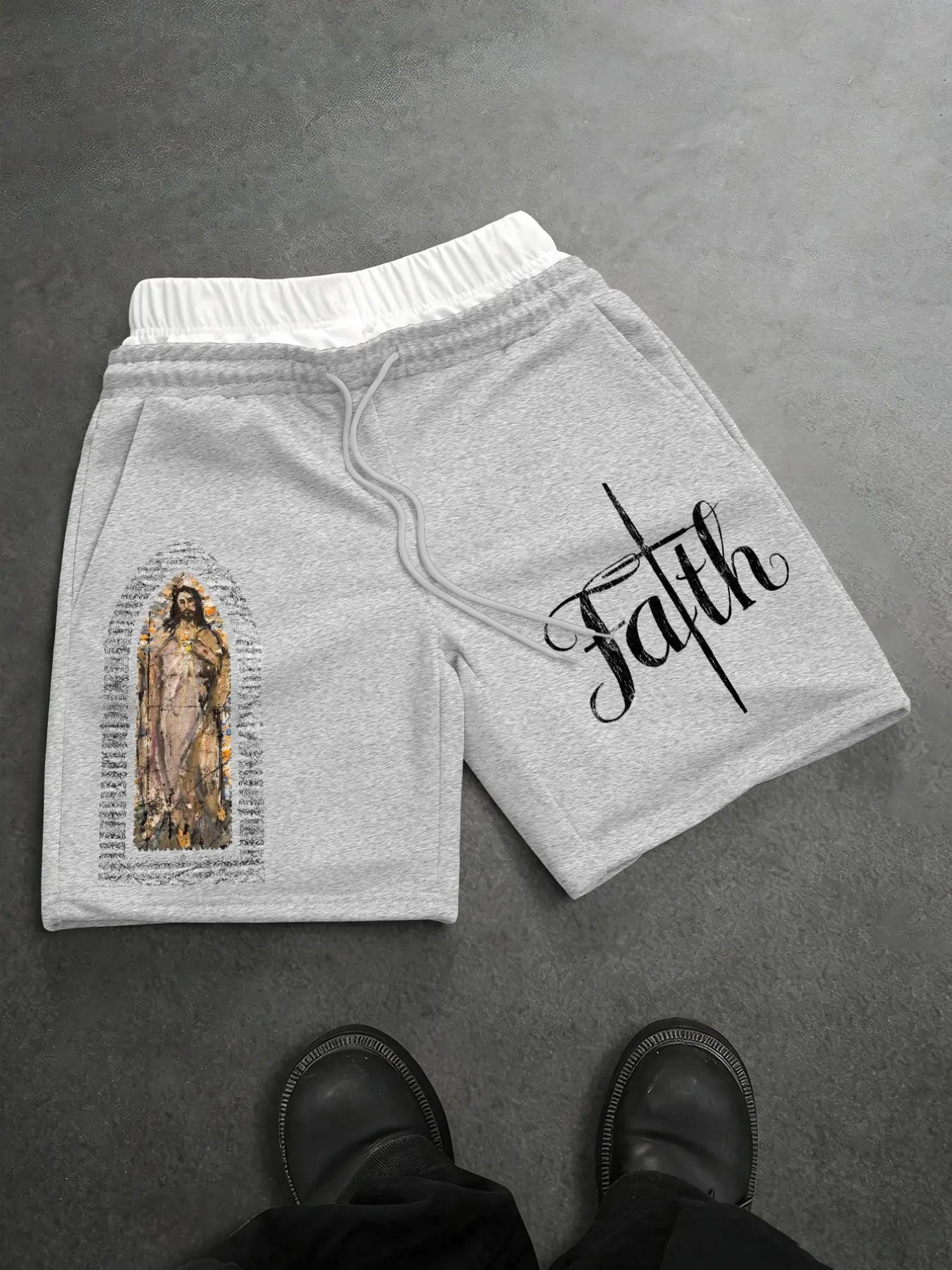 Men's Casual Loose Fit Shorts, Cross Letter Jesus Sacred Heart Pop Art Print, Drawstring Waist Pockets, Retro Religious Style