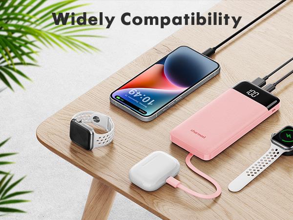 Charmast 10000mAh Slim Portable Charger with Built-in Cables – 6 Outputs & 3 Inputs, 3A Fast Charging Power Bank for iPhone, Android Phones, Tablets, and More Electronic Smartphone Chargeable