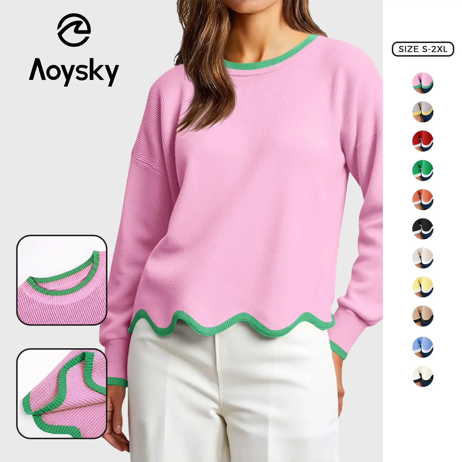 Women's Contrasting Color Sweater, a Casual Loose Fit Pullover with Long Balloon Sleeves and a Scalloped Hem for Low-key Gatherings, Contrasting Color Sweaters, Baggy, Oversize, Knitwear, Round Neck, Long Sleeve, Oversized, Lady, Tops, Casual Wear, Differ