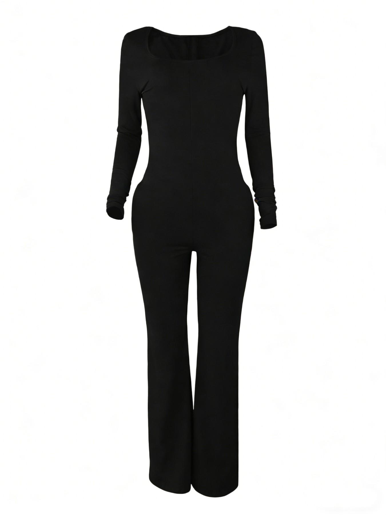Women's Sexy Fitted Plain Long Sleeve Jumpsuit, Fall & Winter Fashion, Low Neck Pocket Design, European Style, Casual Wear