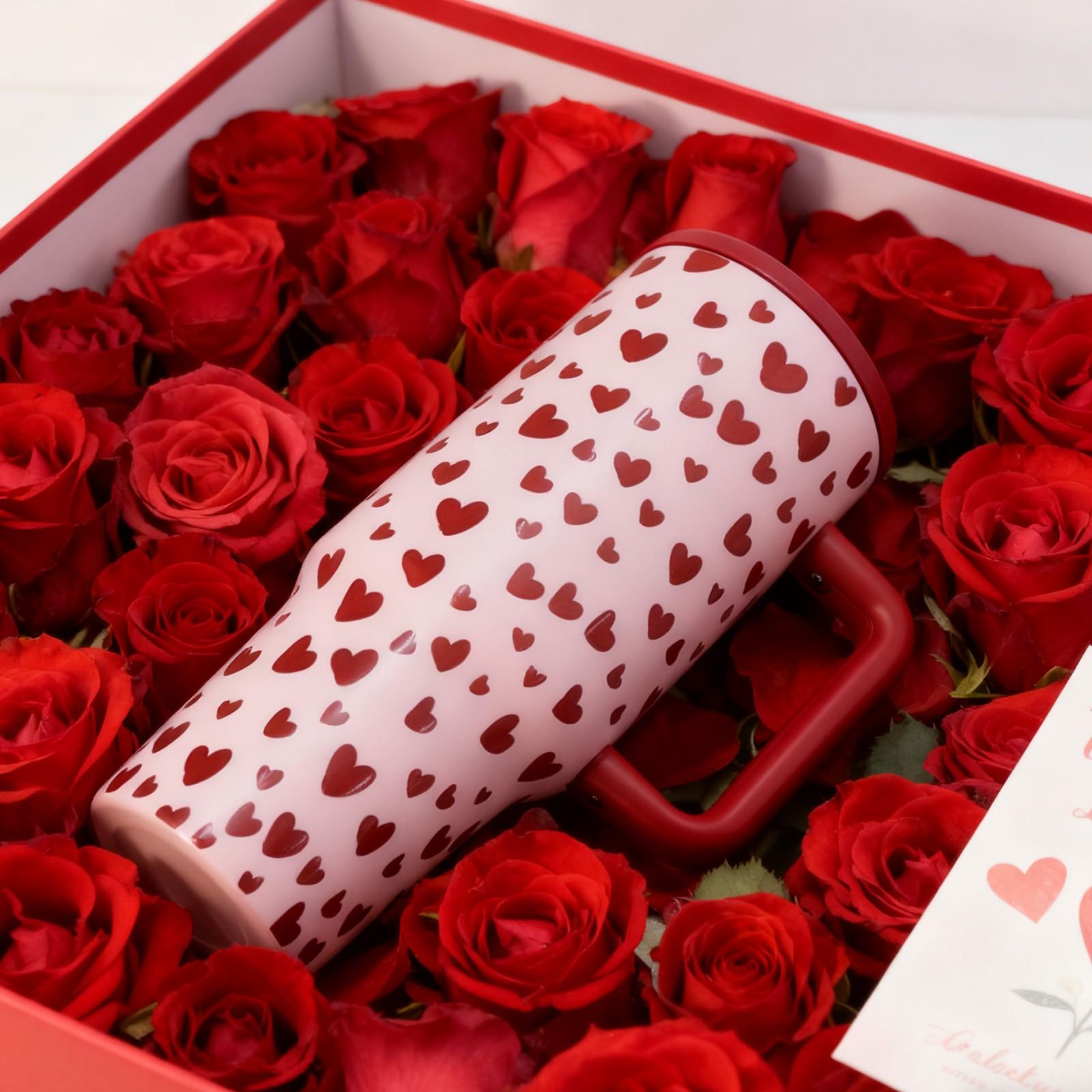 40oz Valentine Insulated with Heart Pattern, Double Wall Vacuum Stainless Steel Design for Long Lasting Hot and Cold Drinks, Leak Proof Lid, Large Capacity Gift Mug for Women Men Lovers Holiday Celebration, Vacuum Insulated Flask